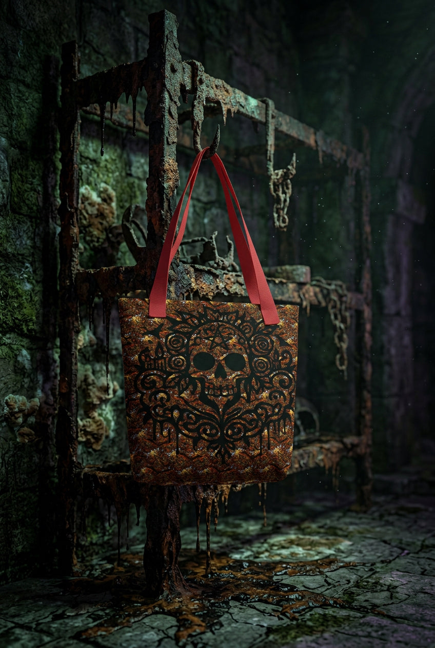 Tote bag with red and white pattern hanging on a black metal ladder against a gray concrete wall.