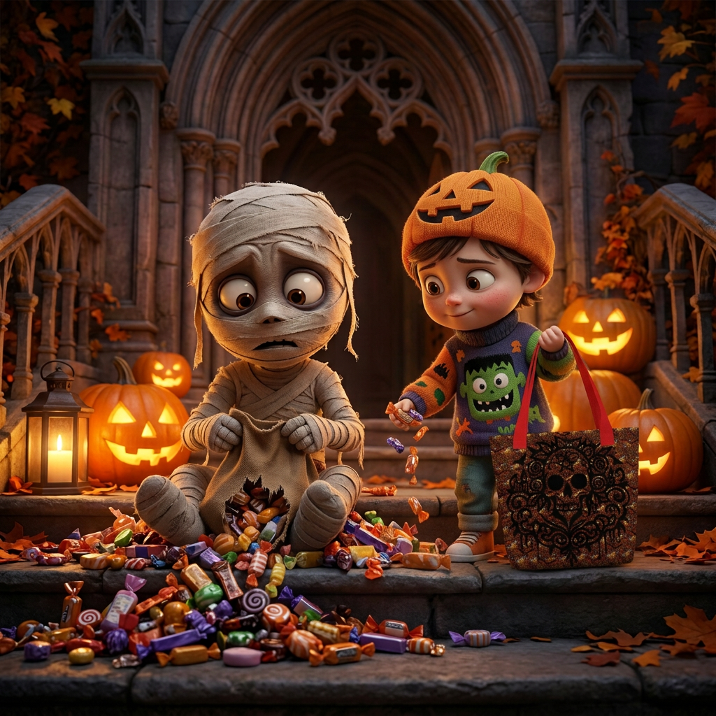 A Halloween-themed scene with a mummy character sitting on stone steps surrounded by candy, next to a large decorative trick-or-treat bag with red handles and a black skull design. Pumpkins, lanterns, autumn leaves, and a gothic building arch are visible in the background.