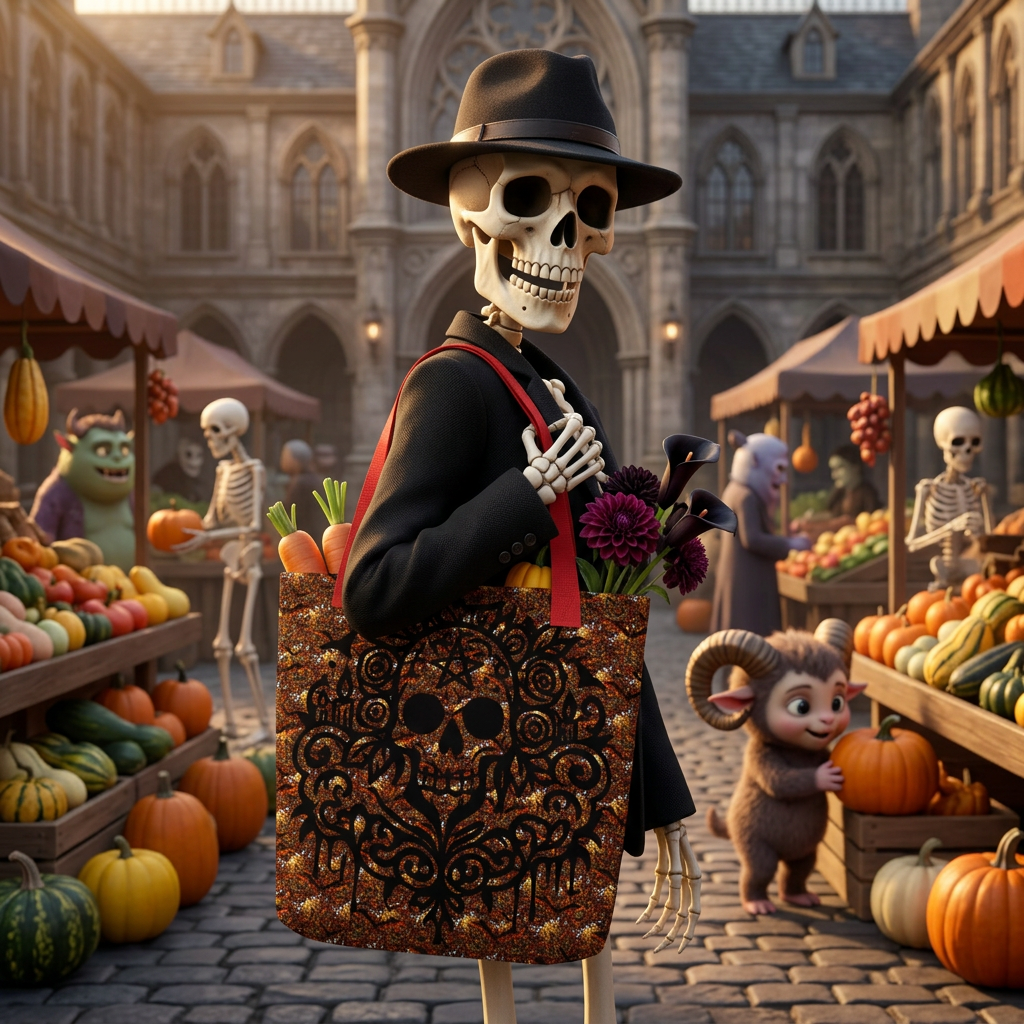A skeleton character in a black suit and hat stands in a bustling outdoor market, holding a large decorative tote bag with a black skull and floral pattern. The background features gothic buildings, more skeleton figures, and autumn market stalls filled with pumpkins and vegetables.
