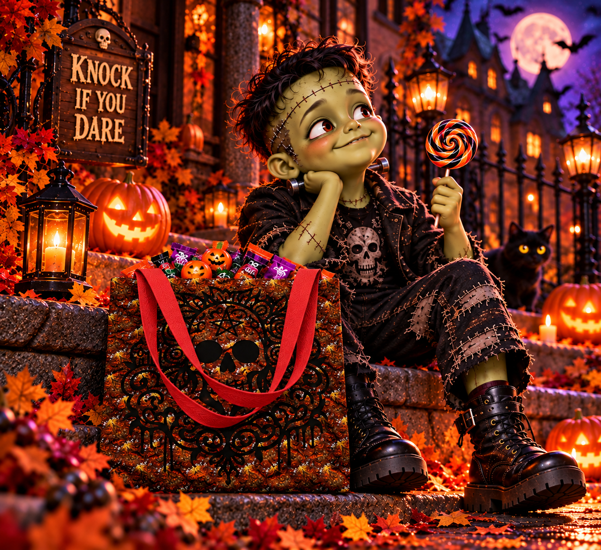 A Halloween-themed scene showing a child dressed as Frankenstein sitting on stone steps, holding a lollipop, with a large decorative trick-or-treat bag in front. The setting includes jack-o'-lanterns, autumn leaves, candles, a haunted house, and a full moon in the background.