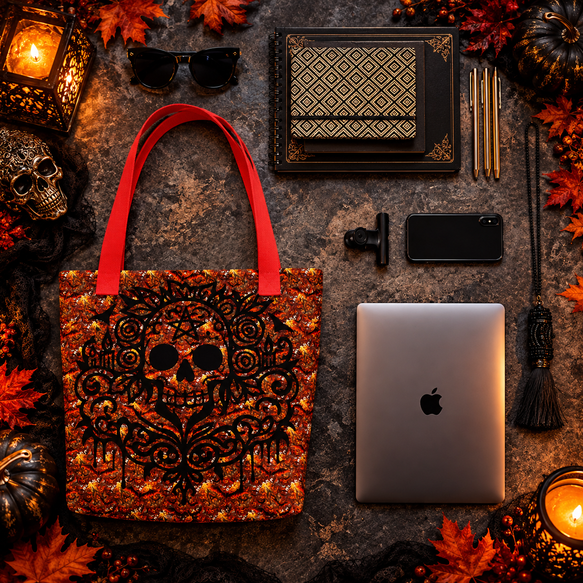 A sequined Halloween tote bag with a black skull and floral design on a gold and orange sequin background, styled in a flat lay with autumn props including a laptop, sunglasses, and pumpkins on a dark textured surface.