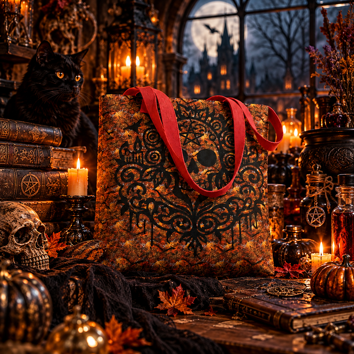 A Halloween-themed tote bag with a black ornate skull design and red handles, set against a dark, atmospheric background with candles, a black cat, a skull, and autumn decorations.