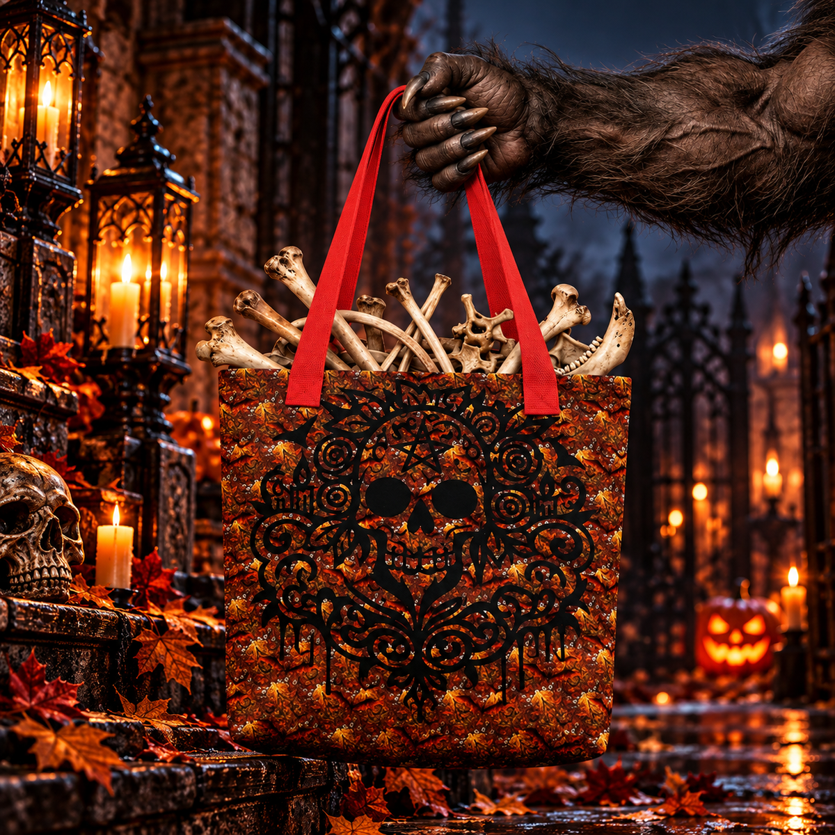A Halloween-themed tote bag with a black skull design and red handles, filled with bones, held by a dark furry hand in a spooky lit street scene with lanterns and autumn leaves.
