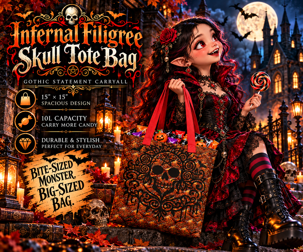 A gothic-style promotional scene showing a woman in a black and red Halloween outfit holding a large decorative tote bag with a skull and ornate black pattern. The background is a haunted house at night with bats, a full moon, lanterns, and autumn leaves.