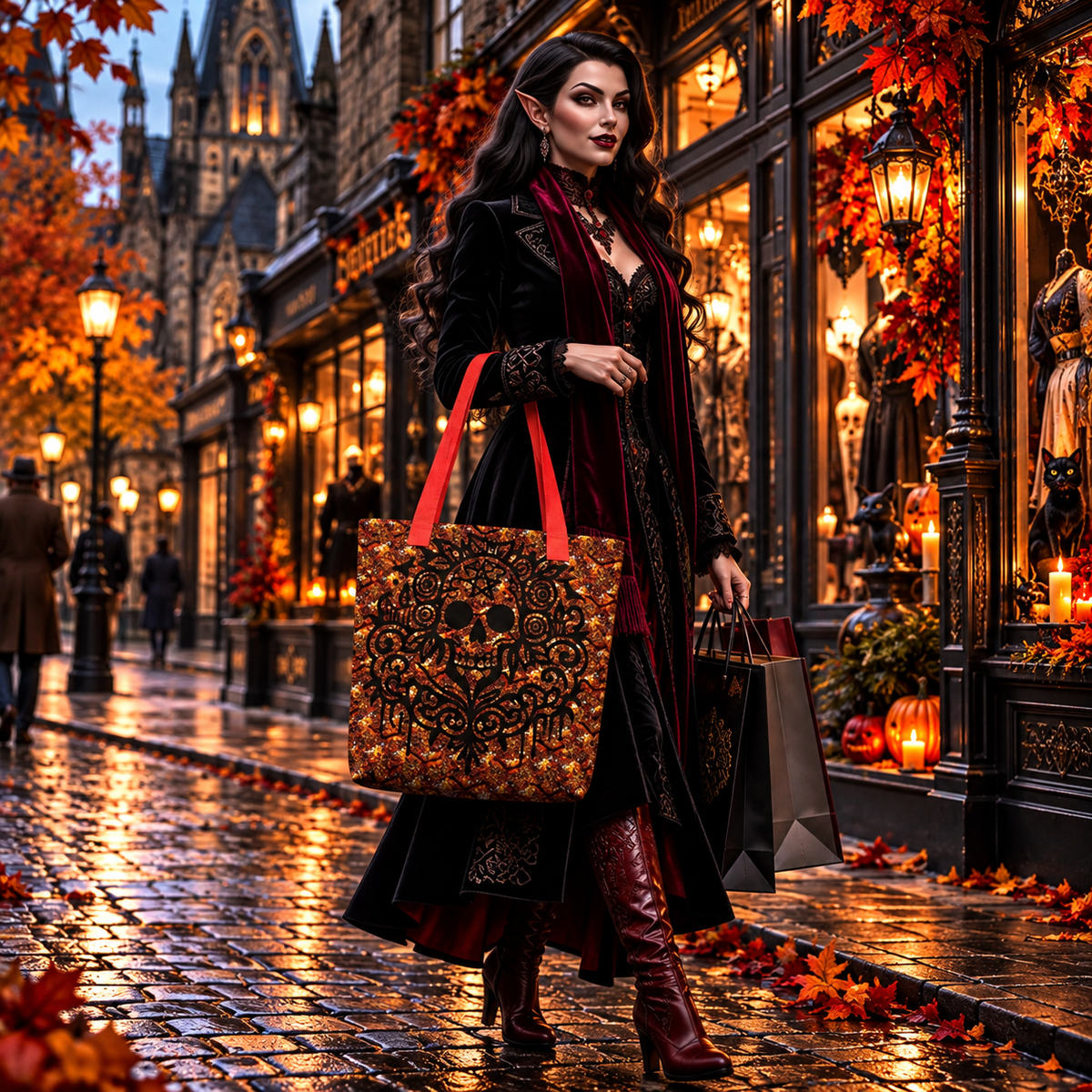 A woman in a dark gothic outfit with a red scarf stands on a wet cobblestone street at dusk, holding a large decorative tote bag with red handles and a black shopping bag. The street is lined with autumn trees, glowing storefronts, and warm lights.