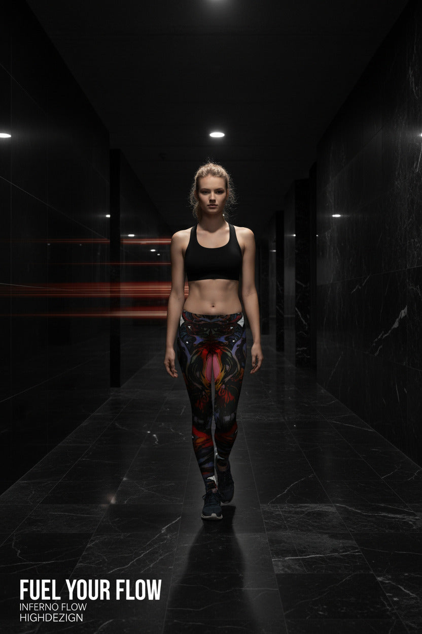 A woman stands on a red running track wearing a blue sports bra and colorful patterned leggings with athletic shoes.