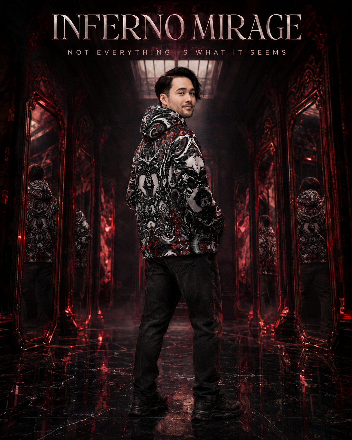 A man stands in a dark, mirrored hall wearing a black, white, and red patterned hoodie, dark pants, and boots. The text 'INFERNO MIRAGE' and 'NOT EVERYTHING IS WHAT IT SEEMS' appear at the top.