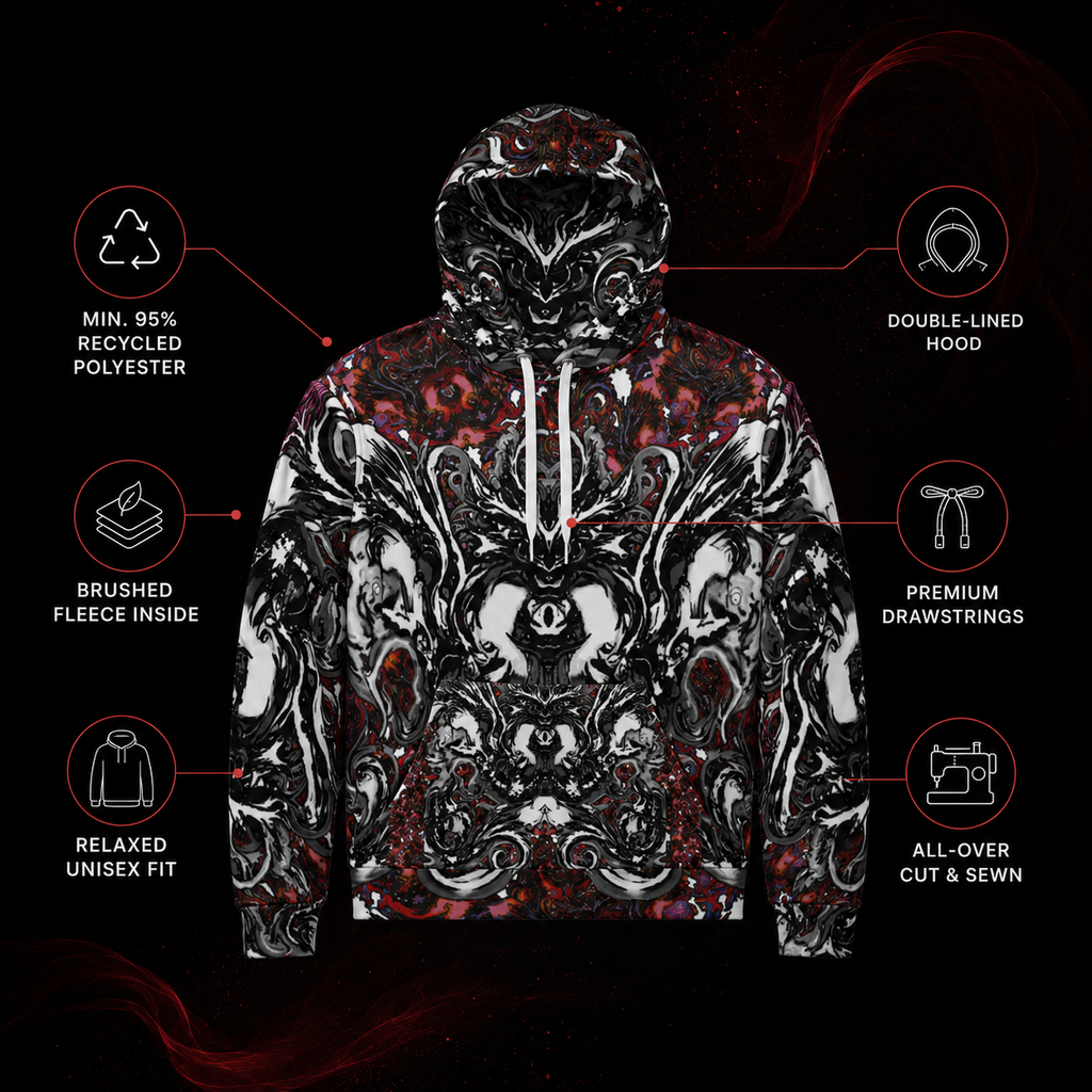 A black and white hooded sweatshirt with a red and black abstract pattern, shown on a black background with feature callouts and icons around it.