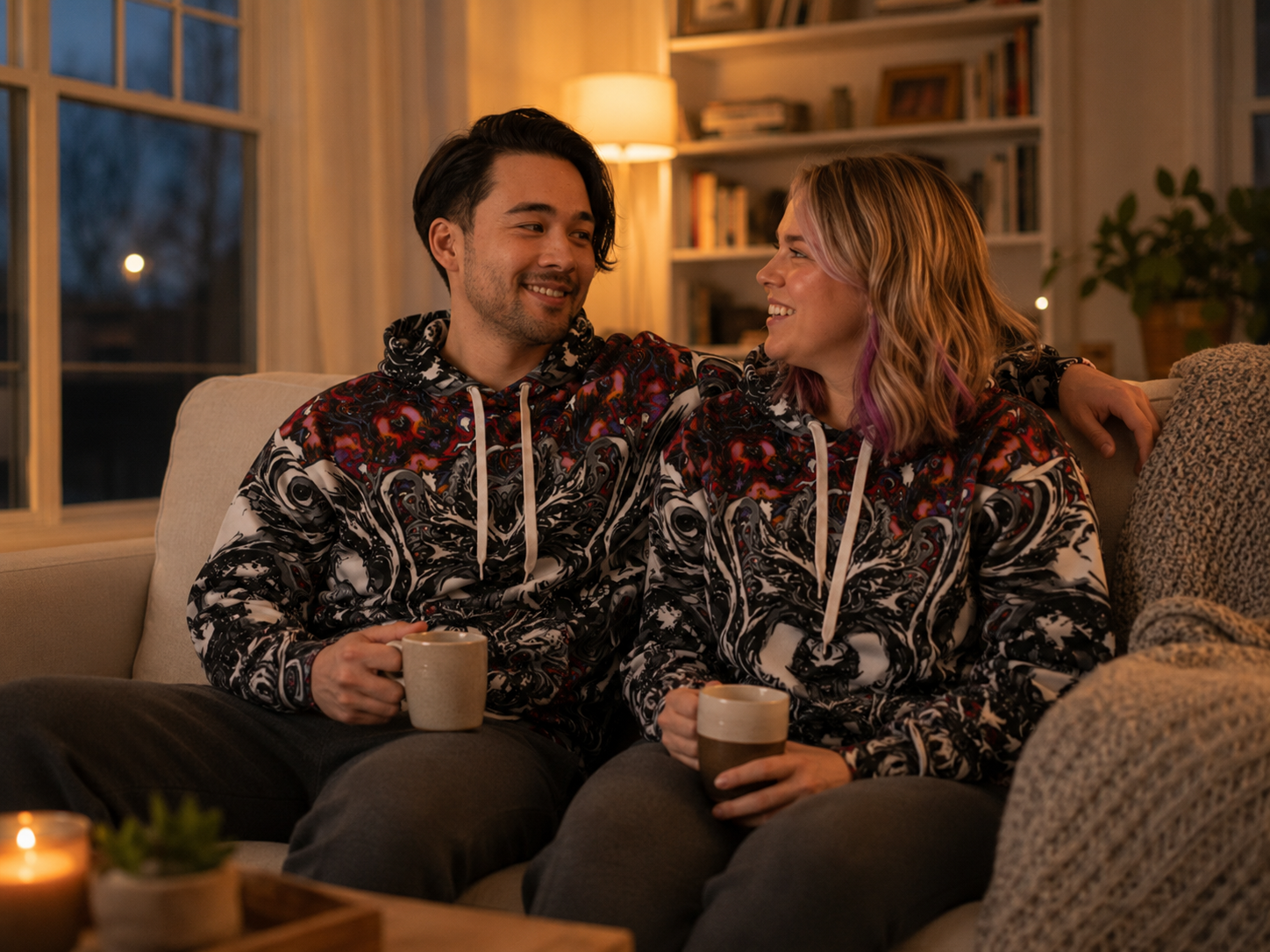 A man and a woman sitting together on a couch in a cozy living room, wearing matching black hoodies with a red and white abstract pattern and holding mugs.