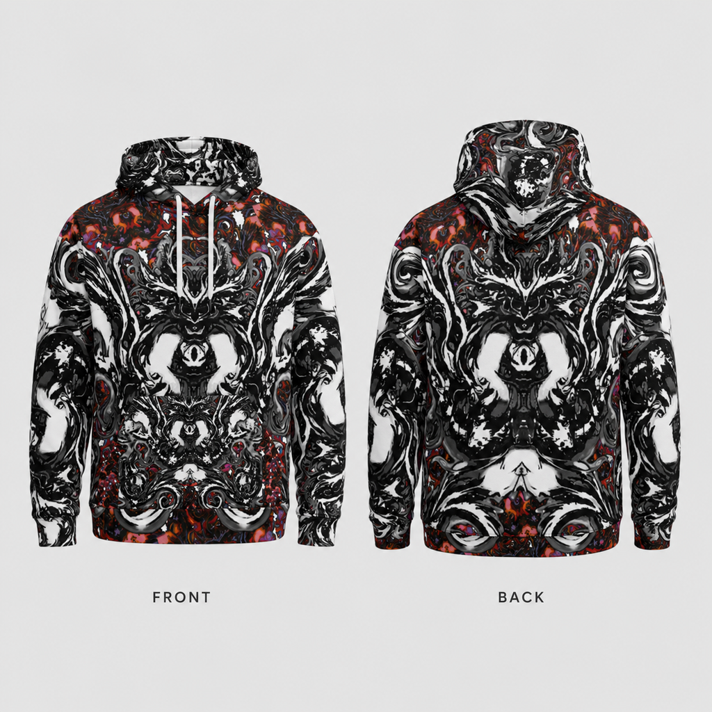 Front and back views of a pullover hoodie featuring an intricate black, white, and red gothic baroque design with a central eye motif, displayed on a light gray background.
