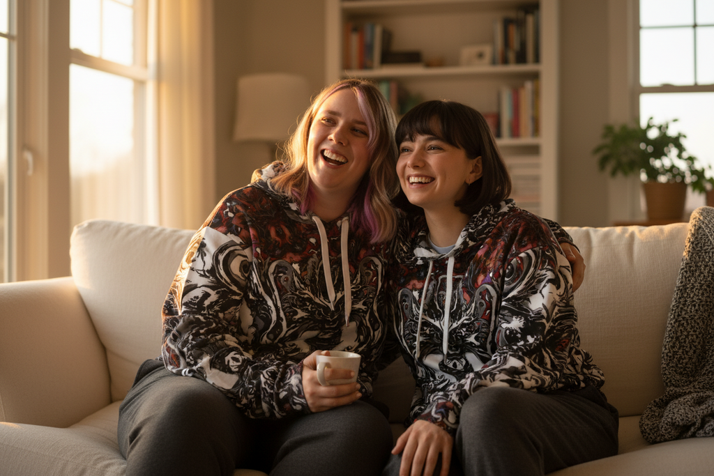 Two women sitting on a couch in a cozy living room, smiling and holding a coffee mug.