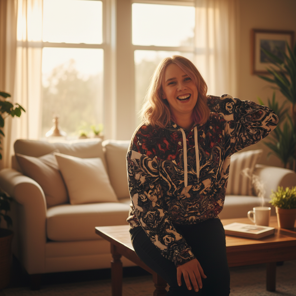 Woman in a patterned hoodie sitting in a cozy living room with a couch and coffee table.