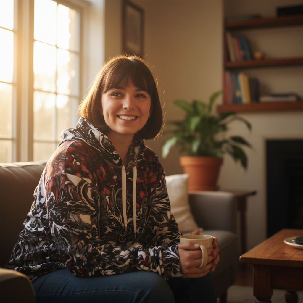 Woman sitting in a cozy living room holding a mug