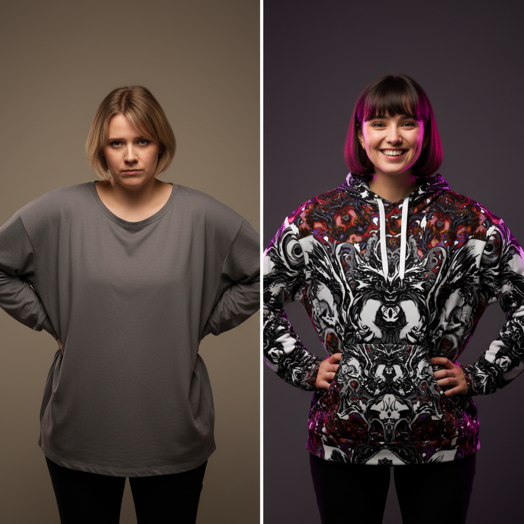 Two side-by-side images of a person wearing a plain gray shirt and a colorful patterned hoodie.