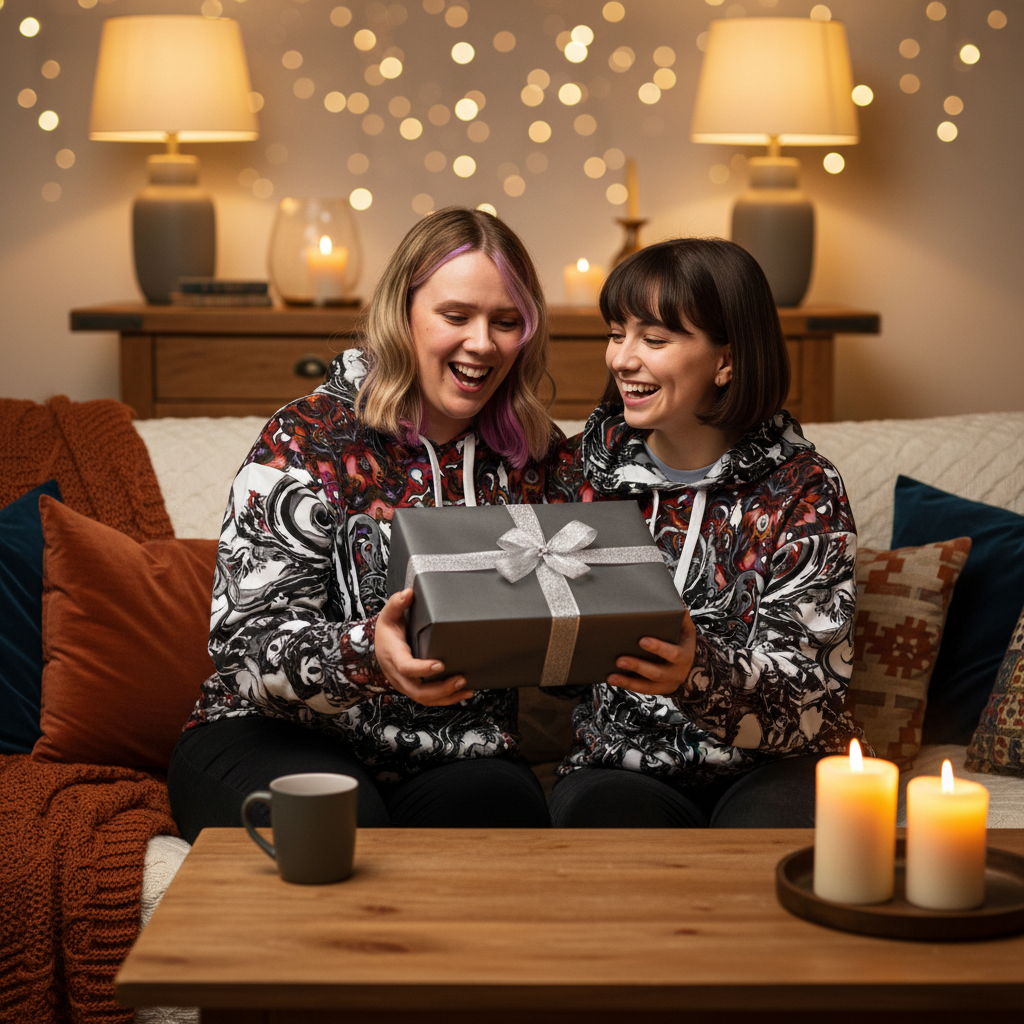 Two people sitting on a couch in a cozy living room, holding a gift box.
