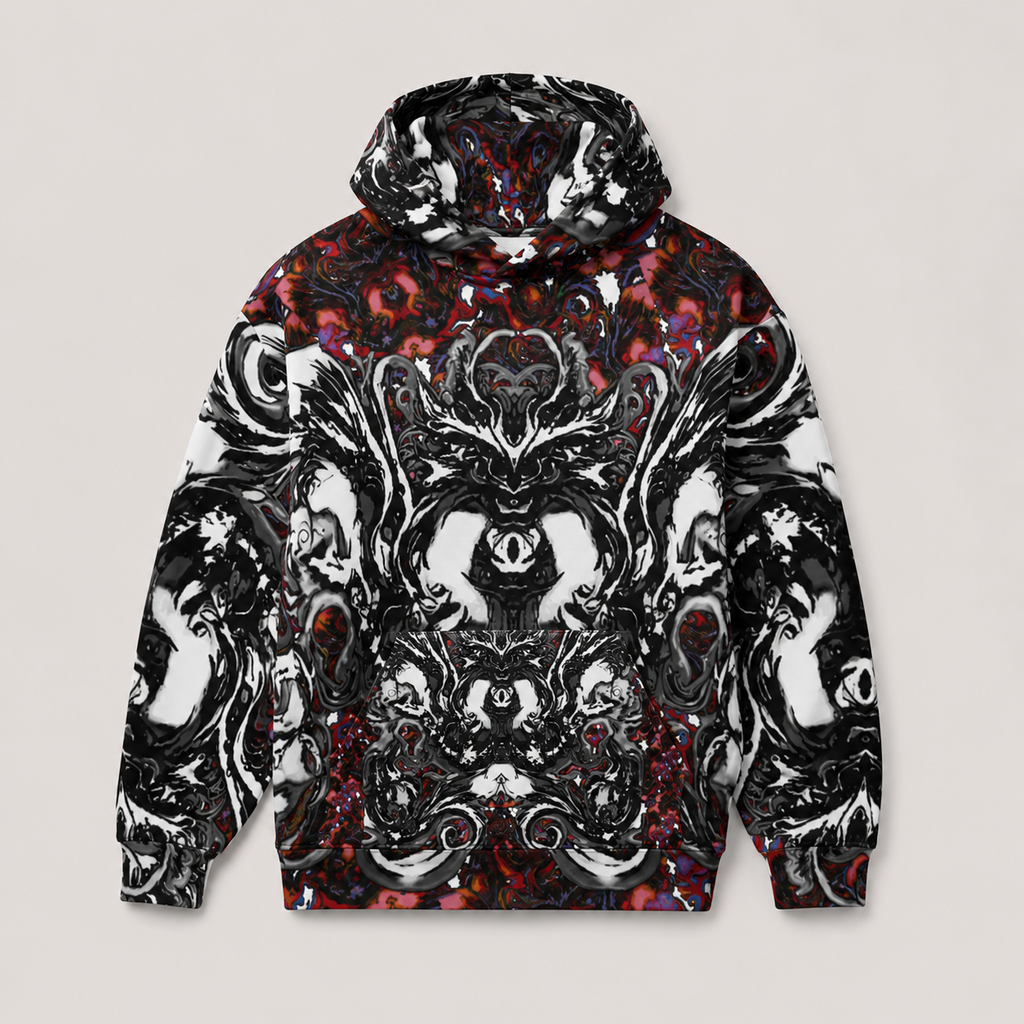 A pullover hoodie featuring an intricate, symmetrical gothic illustration print in black, white, and red, displayed against a solid light gray background.