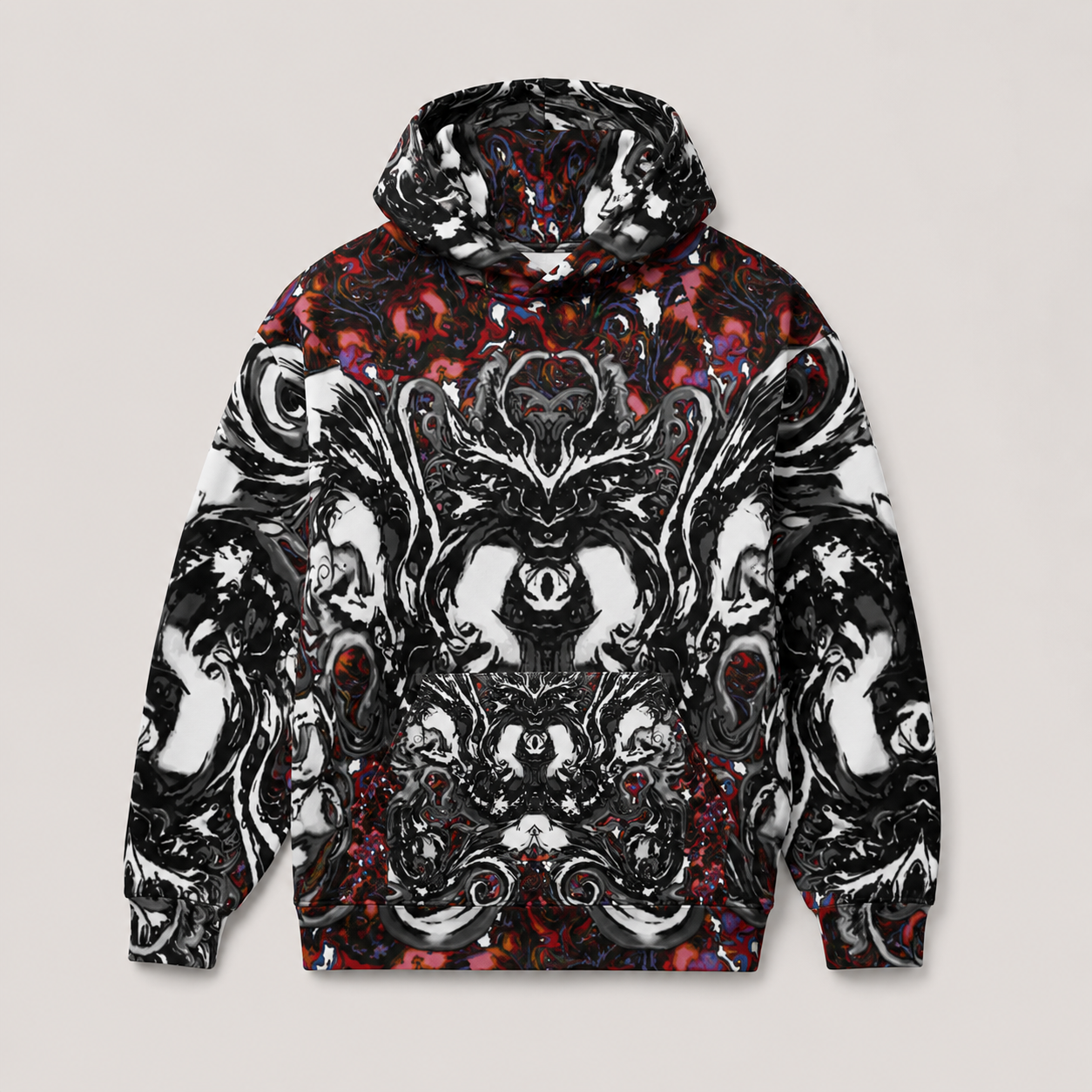 A pullover hoodie featuring an intricate, symmetrical gothic illustration print in black, white, and red, displayed against a solid light gray background.