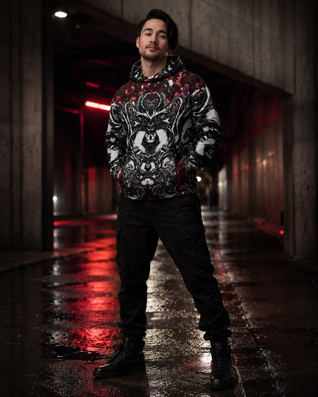 A man wearing a black, white, and red graphic hoodie, black cargo pants, and black boots stands in a dark, wet concrete tunnel with red ambient lighting reflecting on the wet floor.