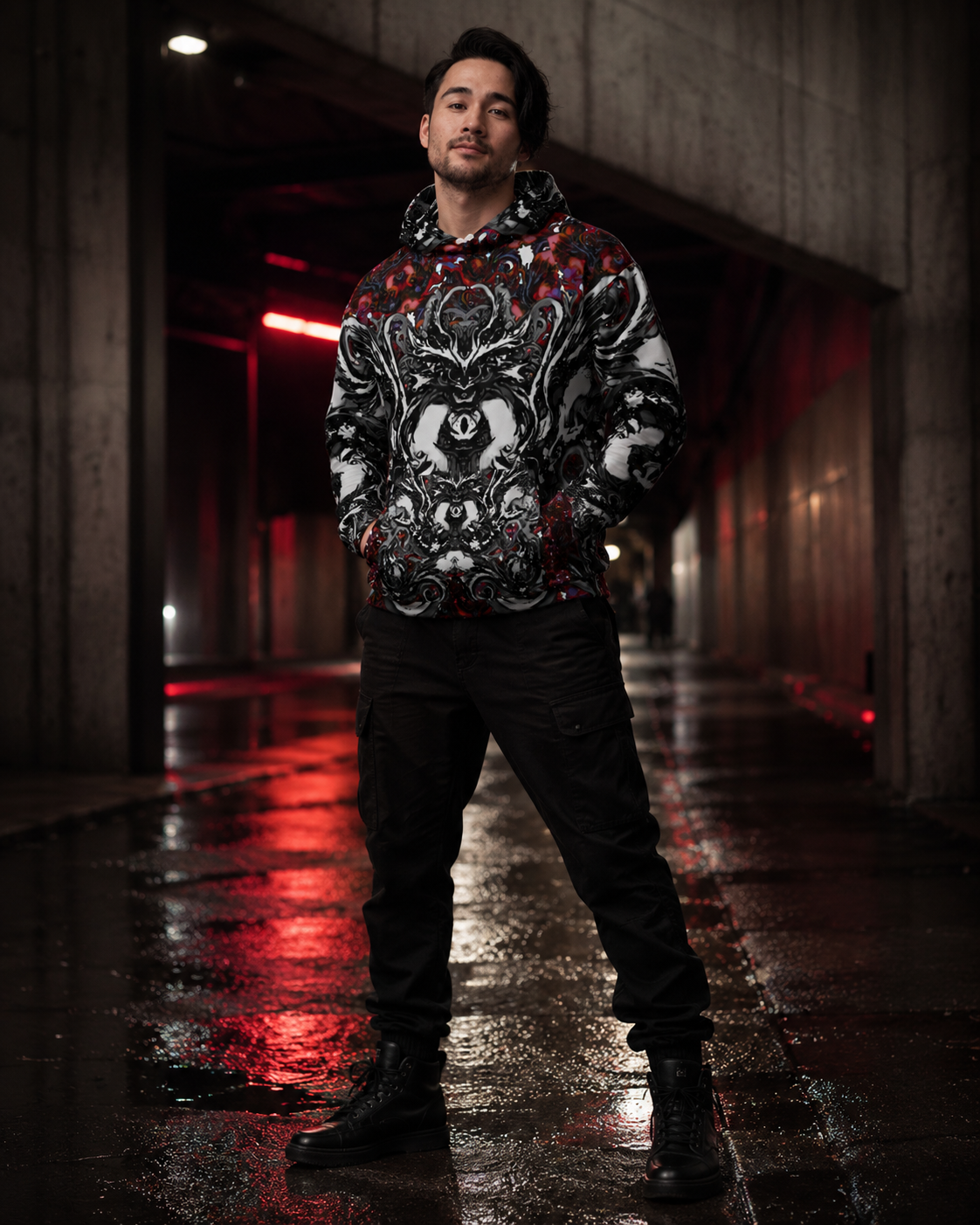 A man wearing a black, white, and red graphic hoodie, black cargo pants, and black boots stands in a dark, wet concrete tunnel with red ambient lighting reflecting on the wet floor.