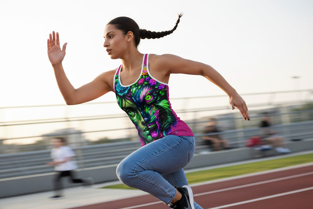 Woman wearing a tank top with a colorful face design on a white background