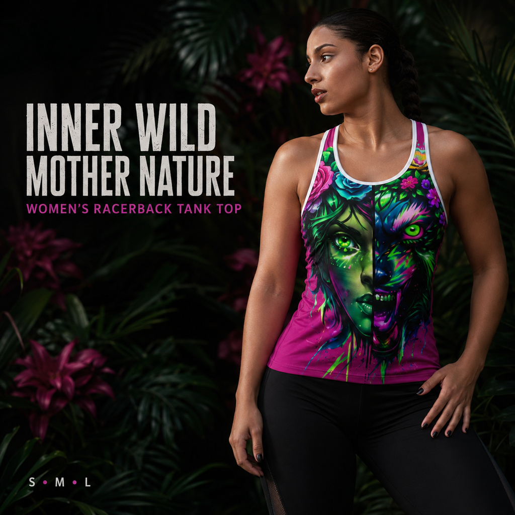 A woman wearing a vibrant racerback tank top with a colorful, psychedelic monster face graphic, posed against a dark tropical foliage background. Text on the left reads 'INNER WILD MOTHER NATURE' and 'WOMEN'S RACERBACK TANK TOP'.