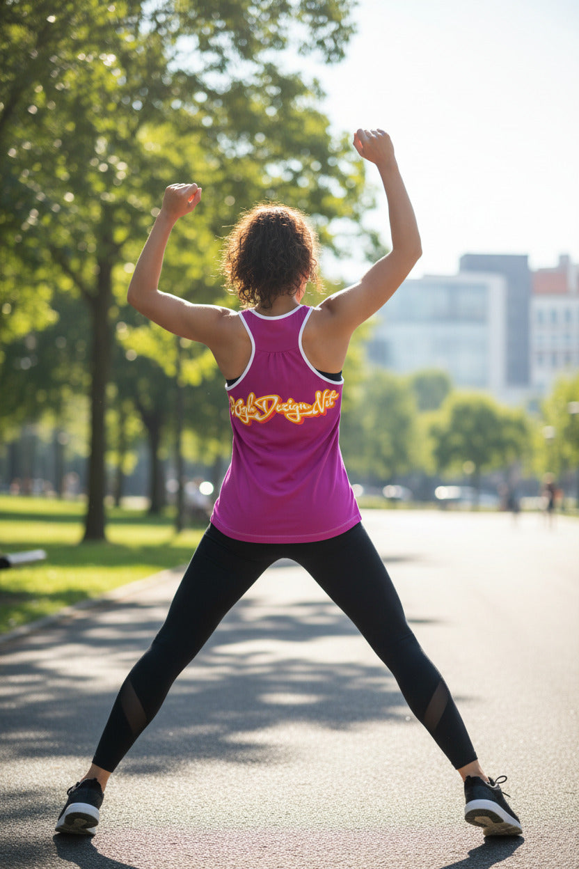 Pink tank top with yellow text on a white background