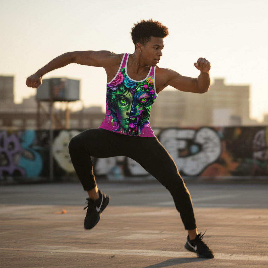 Colorful tank top with a graphic design of a face and floral elements on a white background
