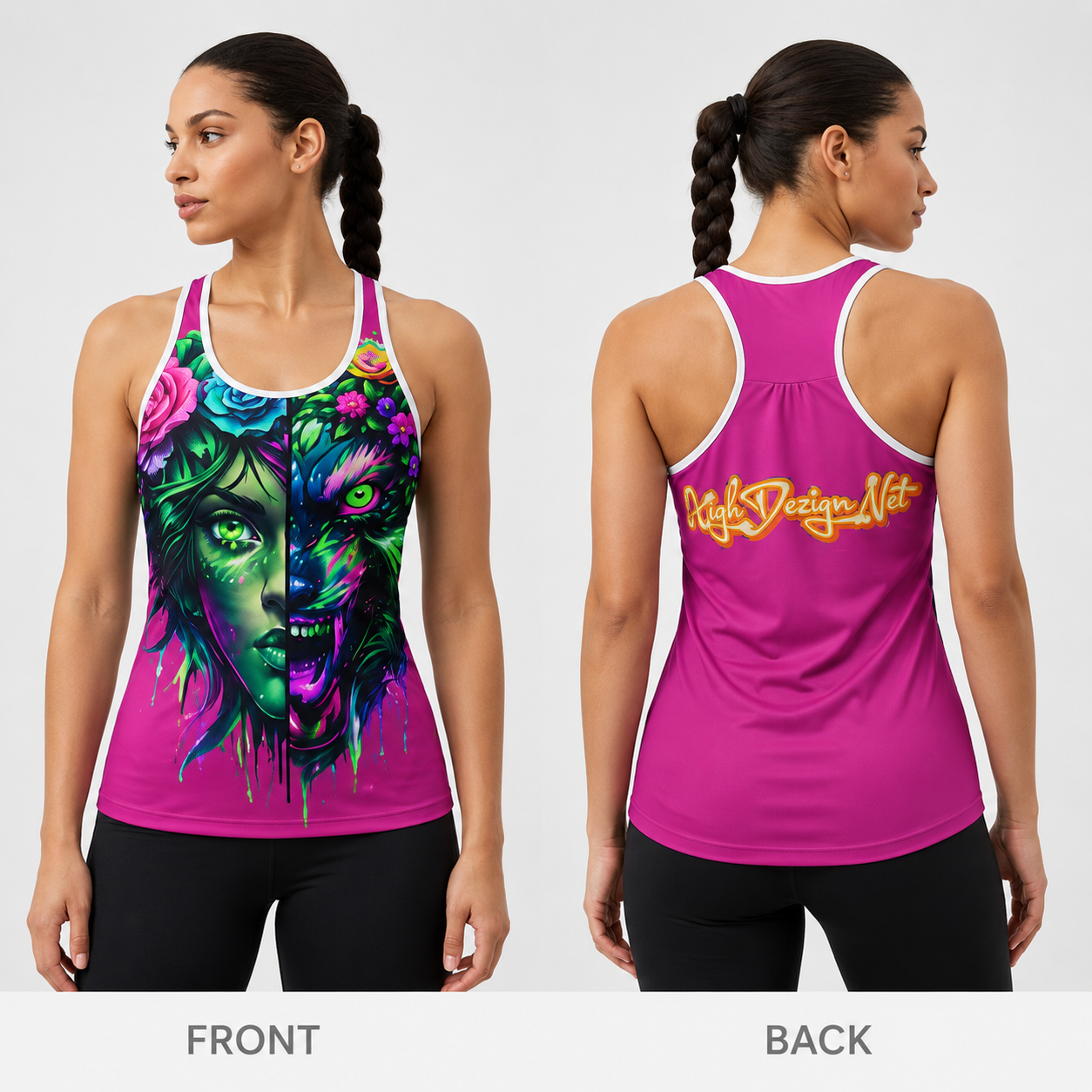 Front and back views of a women's athletic tank top on a model. The front features a vibrant, multicolored graphic print of a split face with flowers.