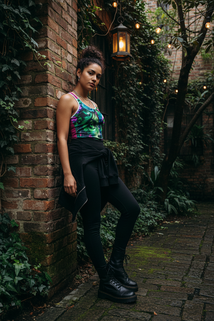 A woman posing outdoors against a brick wall and ivy-covered building, wearing a colorful tie-dye halter top, black tied shirt, black leggings, and black combat boots.