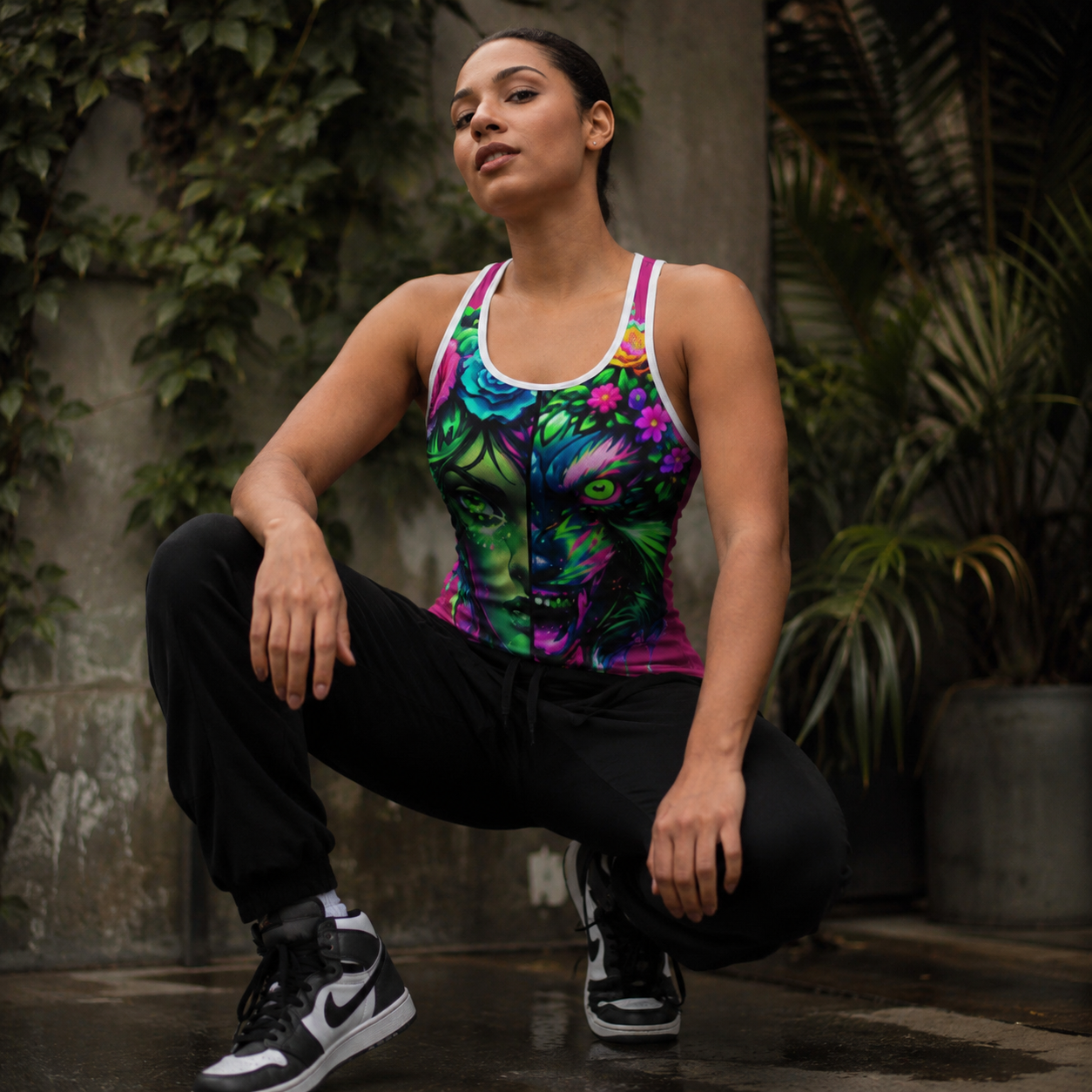 A woman crouching outdoors in front of a stone wall and greenery, wearing a colorful athletic tank top with a vivid animal print, black sweatpants, and black-and-white sneakers.