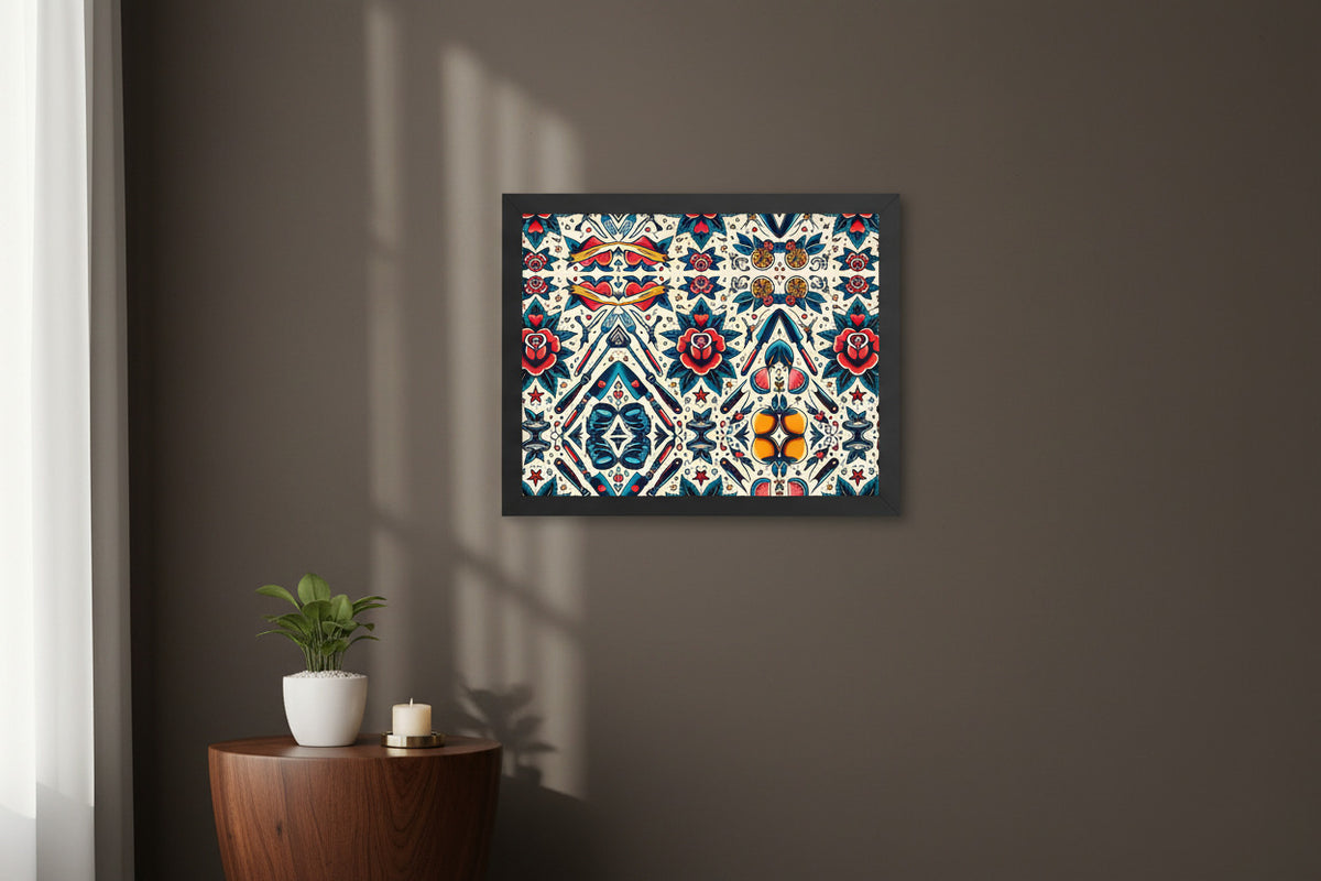 A framed square art print featuring a colorful geometric and floral ikat pattern, displayed on a dark brown wall above a wooden side table with a small potted plant.