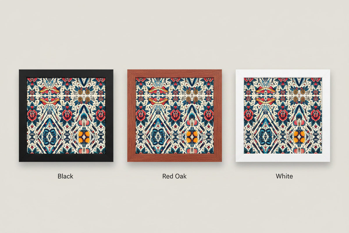Three framed art prints with a colorful geometric tribal pattern are displayed side-by-side against a light beige background. The frames are labeled 'Black', 'Red Oak', and 'White' underneath.