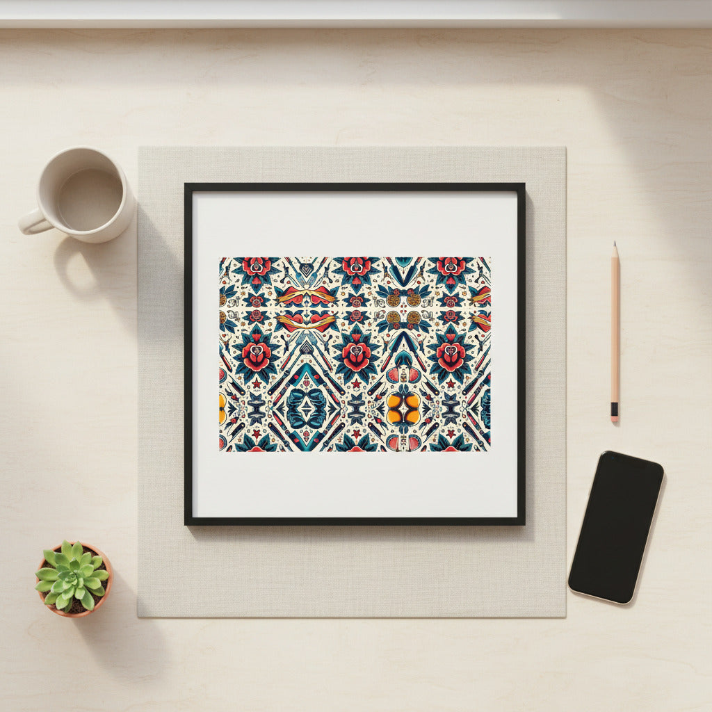 Framed art print featuring a colorful geometric and floral pattern, styled on a light beige desk with a mug, pencil, smartphone, and small succulent.