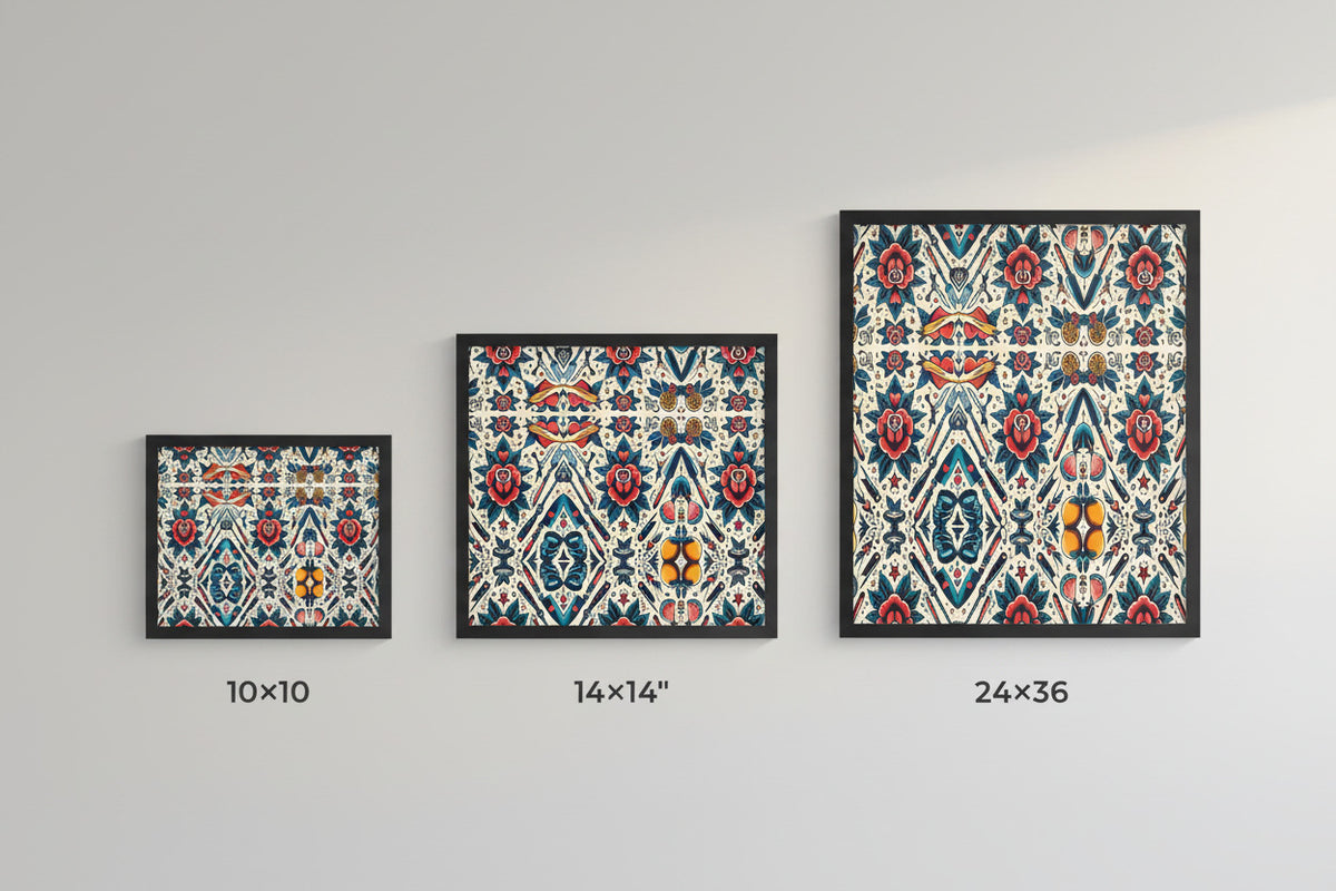 Three framed patterned wall art prints in different sizes (10x10, 14x14, and 24x36) displayed on a light gray wall, showing a colorful geometric ikat design.
