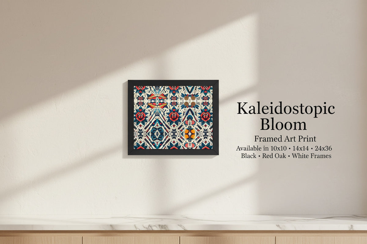 A framed art print featuring a colorful kaleidoscopic floral pattern hangs on a beige wall with soft window shadows. To the right, text reads 'Kaleidoscopic Bloom Framed Art Print' with size and frame options listed below.