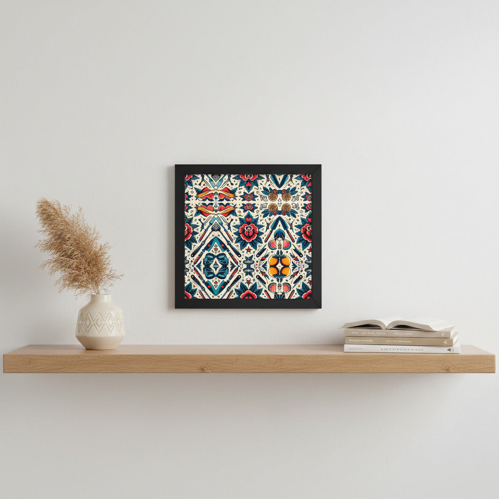 A framed square wall art print with a colorful geometric ikat pattern hangs on a white wall above a light wood floating shelf. The shelf holds a small cream vase with dried grass on the left and a stack of books on the right.