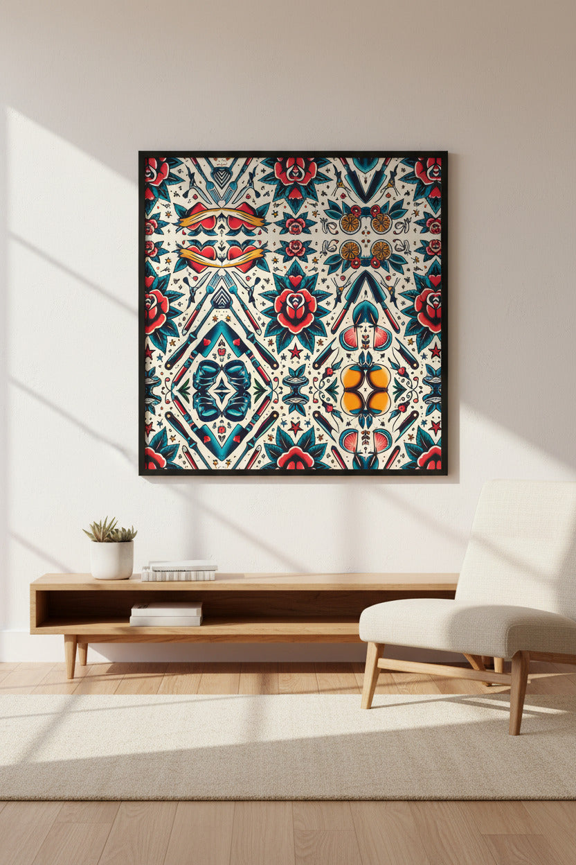 A framed square wall art print with a colorful geometric and floral pattern hangs above a wooden console table in a bright, modern living room with a white chair and light wood floor.