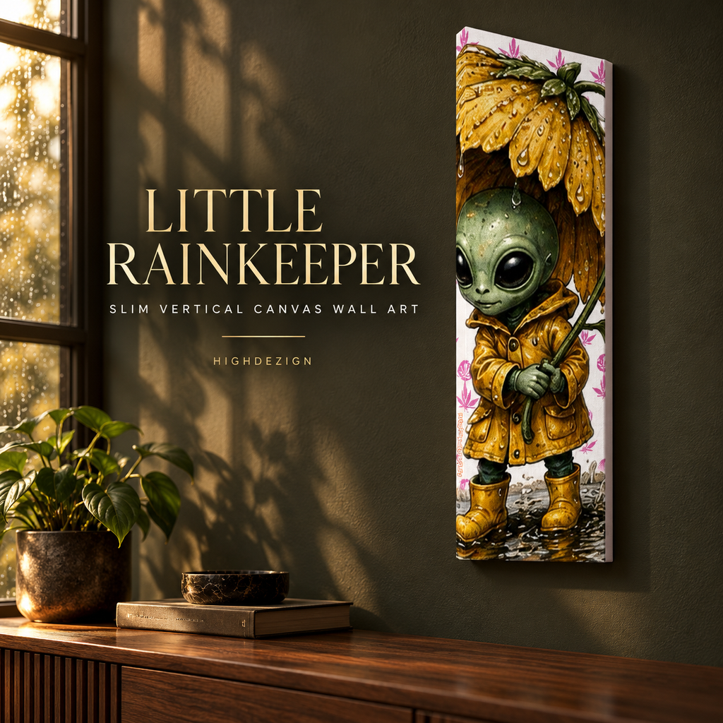 A slim vertical canvas wall art print featuring a cute green alien in a yellow raincoat and matching rain cap, displayed on a dark olive wall above a wooden console table with a plant and books. The text 'LITTLE RAINKEEPER' and 'HIGHDEZION' are visible on the left side of the image.