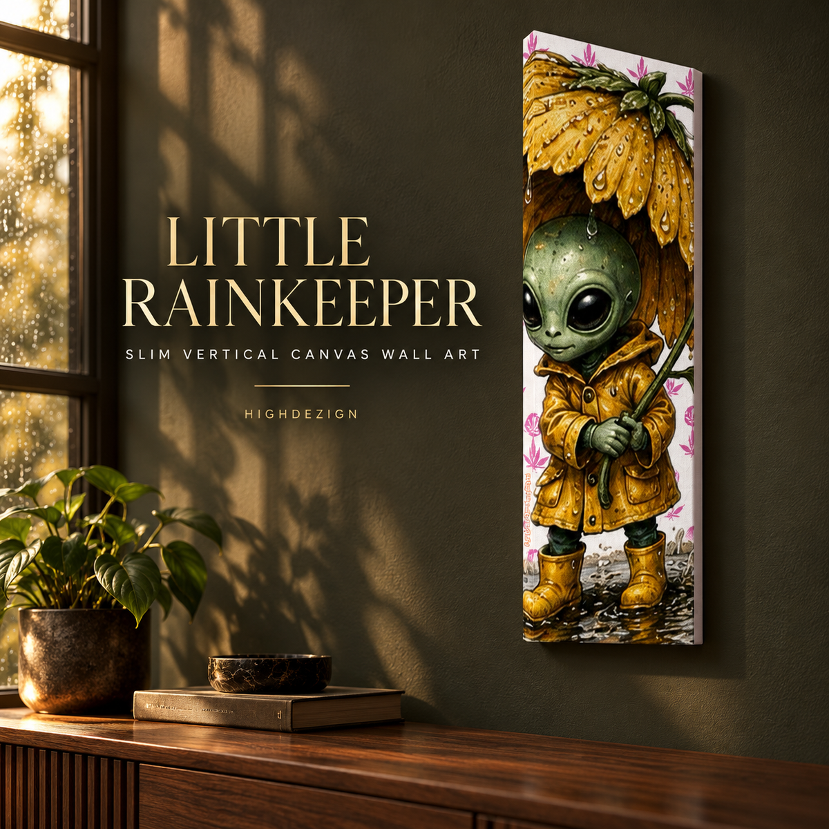 A slim vertical canvas wall art print featuring a cute green alien in a yellow raincoat and matching rain cap, displayed on a dark olive wall above a wooden console table with a plant and books. The text 'LITTLE RAINKEEPER' and 'HIGHDEZION' are visible on the left side of the image.