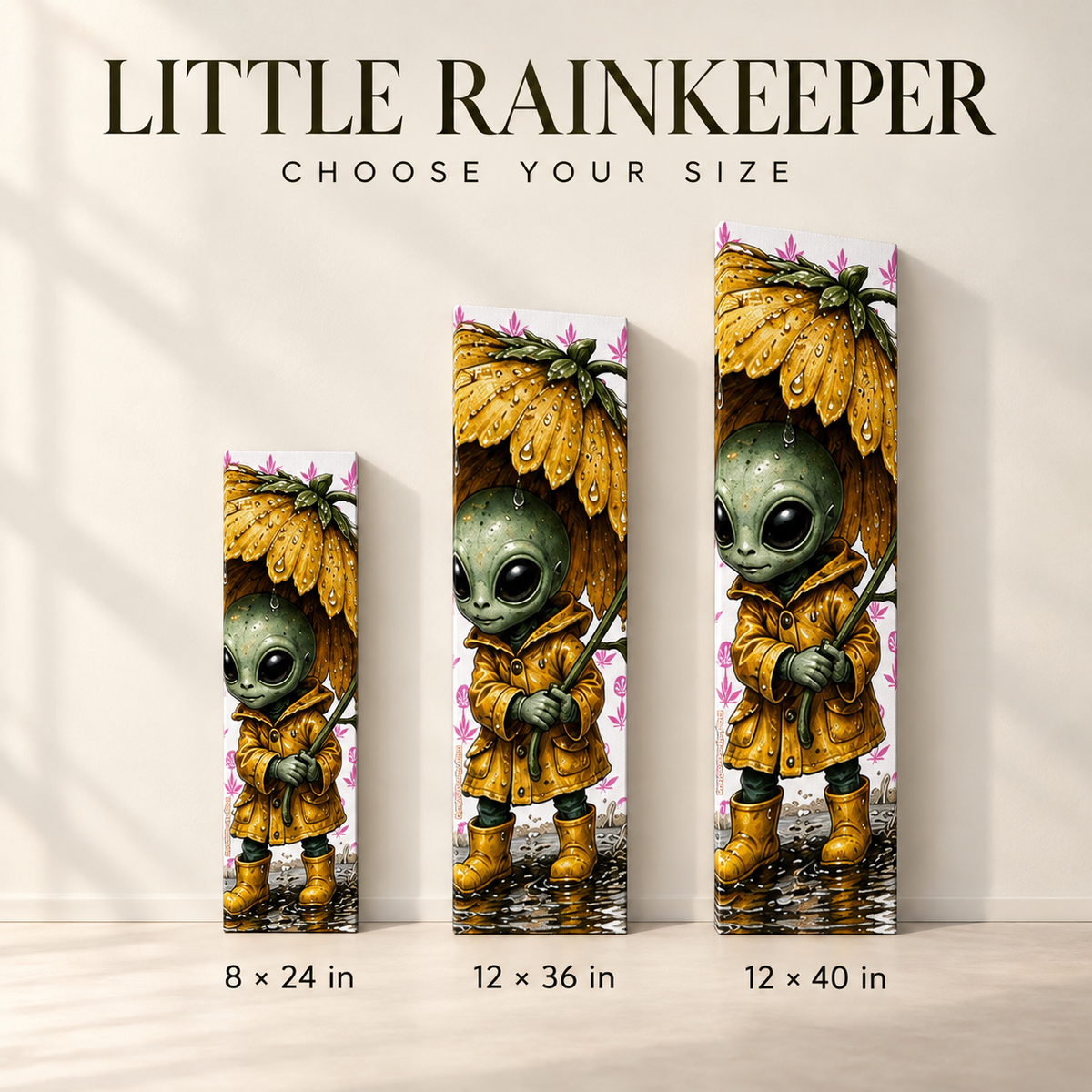 Three vertical wall art panels showing the same illustrated character in different sizes, with text reading 'LITTLE RAINKEEPER' at the top and size options 8 x 24 in, 12 x 36 in, and 12 x 40 in below.