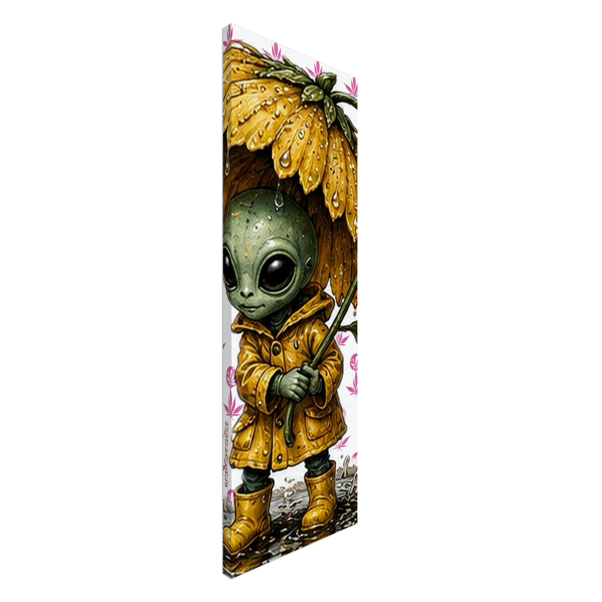 A vertical canvas wall art print featuring a cute green alien wearing a yellow raincoat and holding a large yellow flower as an umbrella, shown at an angle against a plain white background.