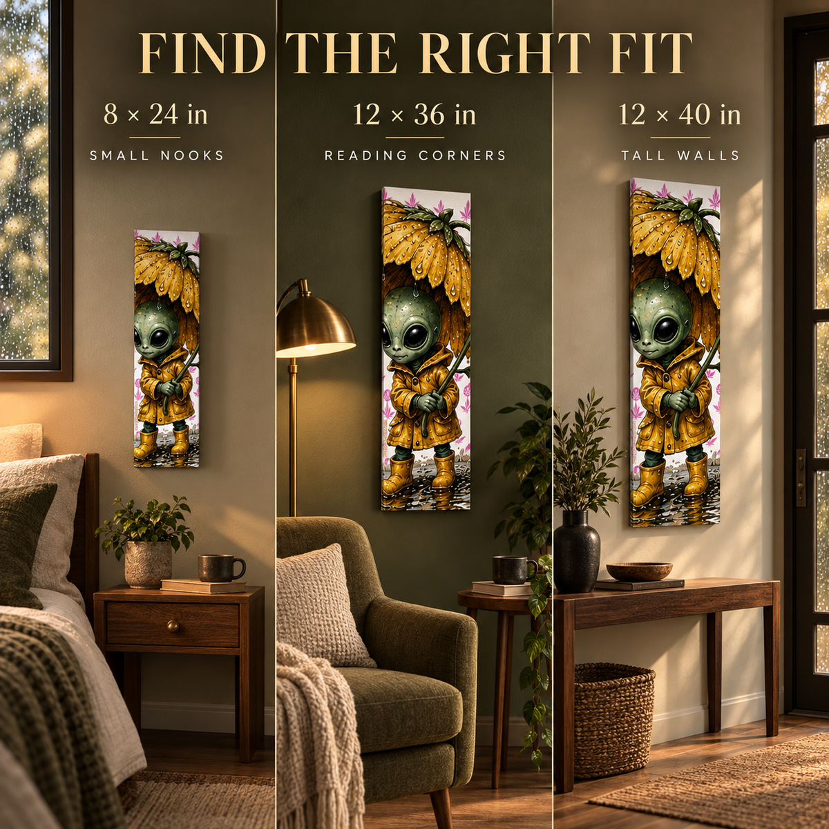 Three-panel room mockup showing a vertical wall art print in three sizes: 8 x 24 in, 12 x 36 in, and 12 x 40 in. The print depicts a green alien-like character wearing a yellow leafy hood.