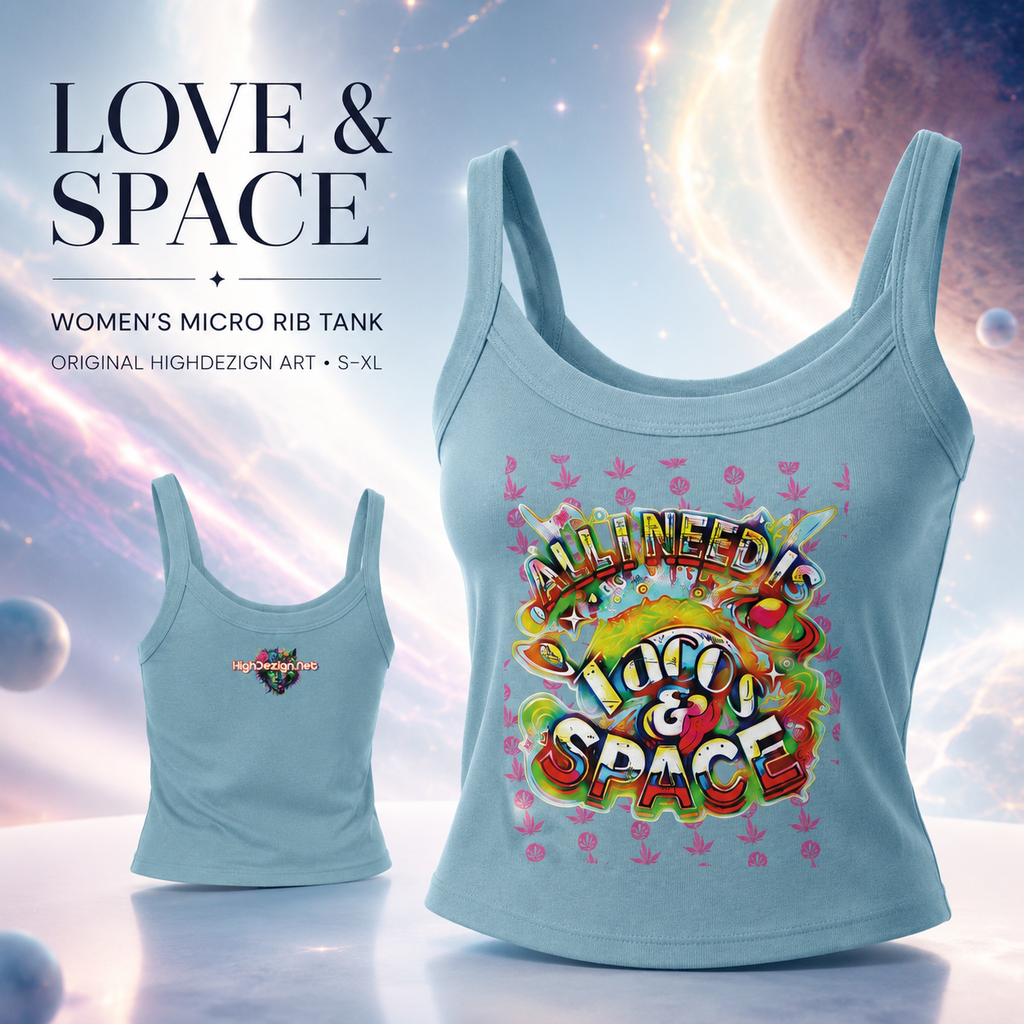 A women's rib tank top in light blue, shown from the front and side against a cosmic space background with planets and stars. The front features a colorful retro-style graphic reading 'ALL NEEDS LOGO & SPACE,' and the side view shows a small matching chest logo.