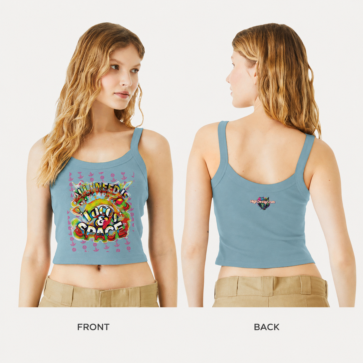 A model shown from the front and back wearing a light blue cropped tank top with a colorful graphic on the front and a small heart logo on the back, set against a plain light background.