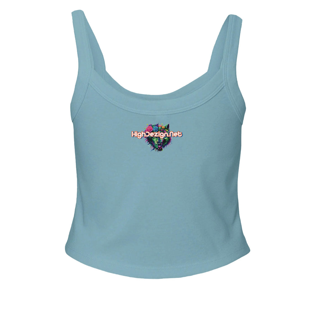 A light blue scoop-neck crop top with a colorful graphic on the chest featuring a cat and the text 'HighDesign.net', shown on a plain white background.
