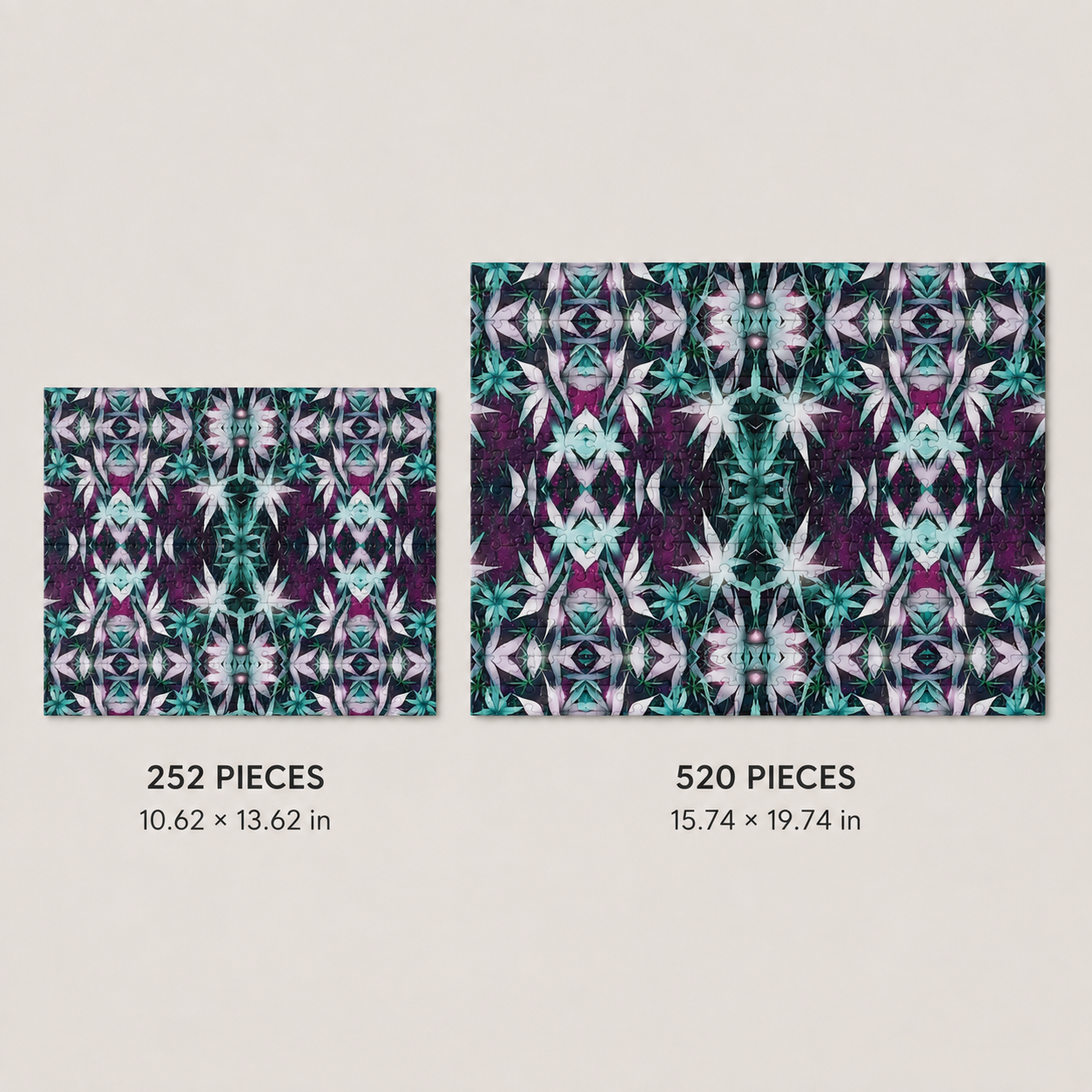 Two rectangular jigsaw puzzle pieces with matching kaleidoscopic floral patterns are shown on a light beige background, labeled 252 PIECES 10.62 x 13.