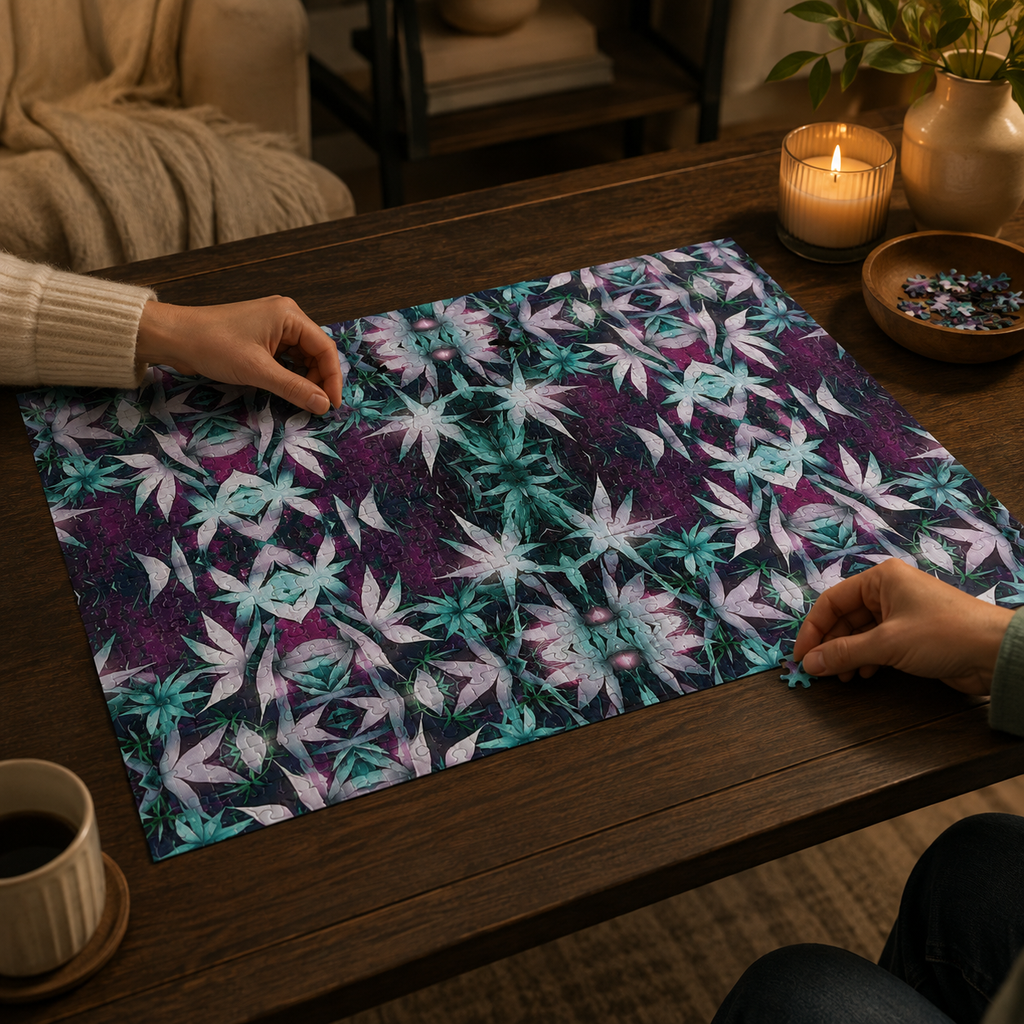 A rectangular jigsaw puzzle with a purple, teal, and white floral pattern is laid on a dark wooden table, being assembled by two visible hands in a cozy indoor setting with candles, a mug, and plants in the background.