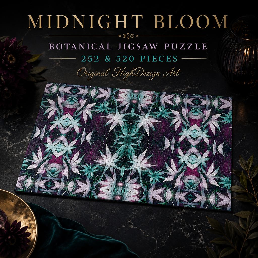 A completed jigsaw puzzle featuring a symmetrical botanical pattern in purple, teal, and white, displayed on a dark marble surface with decorative props and promotional text reading 'Midnight Bloom Botanical Jigsaw Puzzle 252 & 520 Pieces'.