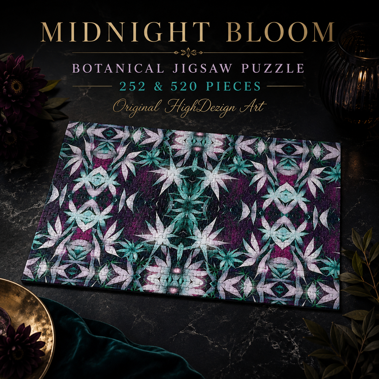 A completed jigsaw puzzle featuring a symmetrical botanical pattern in purple, teal, and white, displayed on a dark marble surface with decorative props and promotional text reading 'Midnight Bloom Botanical Jigsaw Puzzle 252 & 520 Pieces'.