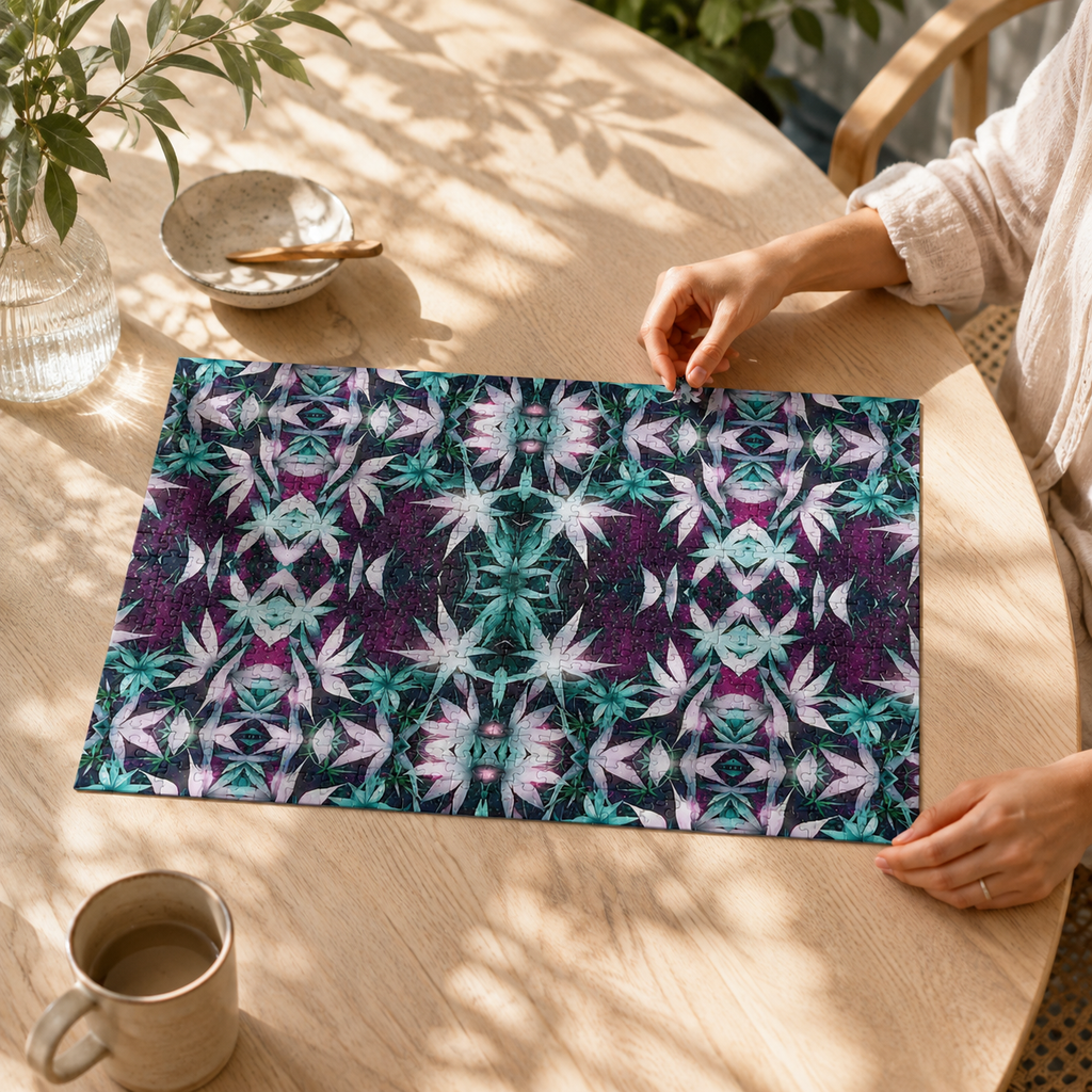 A rectangular placemat with a colorful kaleidoscopic botanical pattern is laid on a round light wood table. A person's hands are visible holding the corners of the placemat, with a mug, small bowl, and plant in the foreground and background.